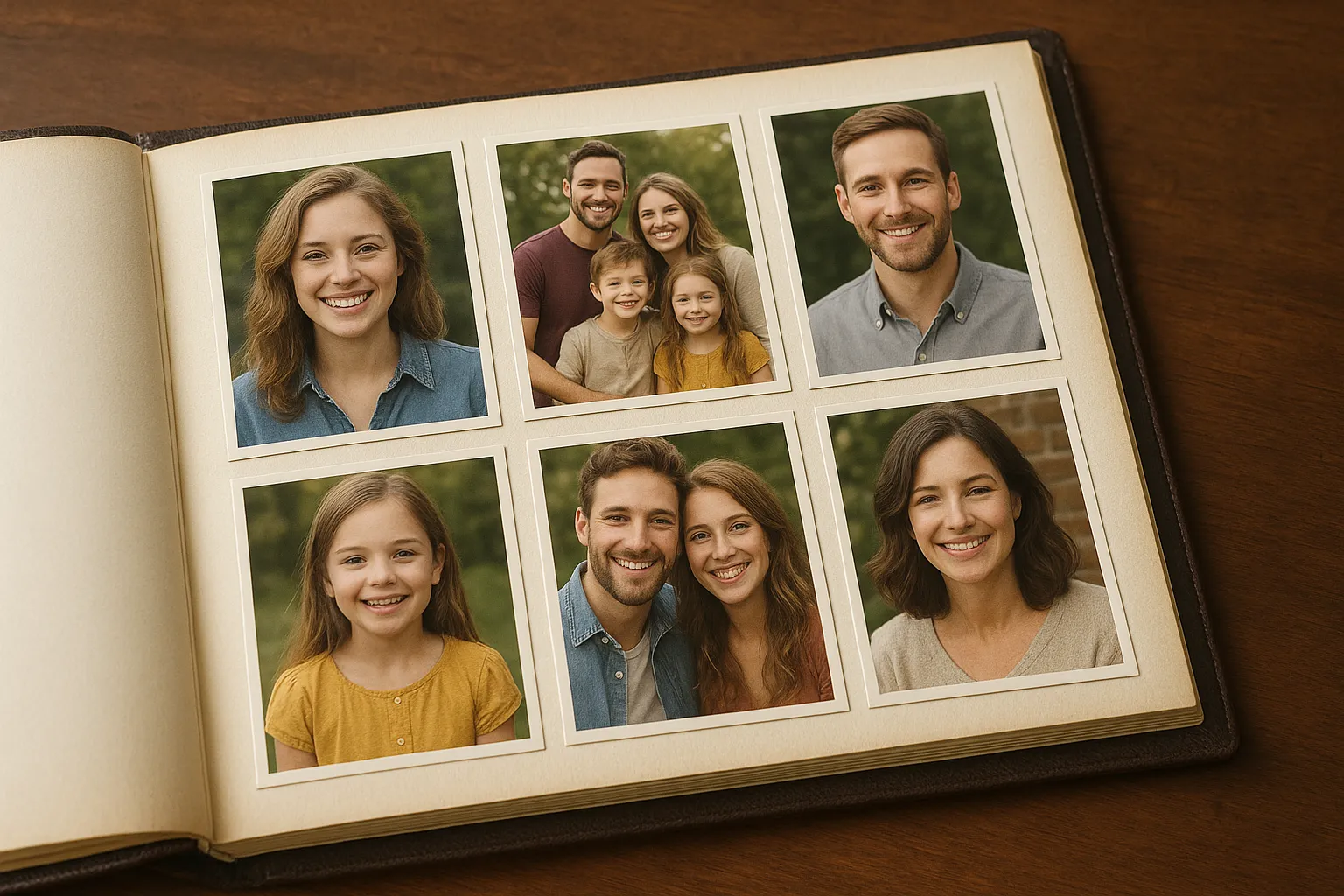 An open photo album showing six family portraits, including individual and group photos.